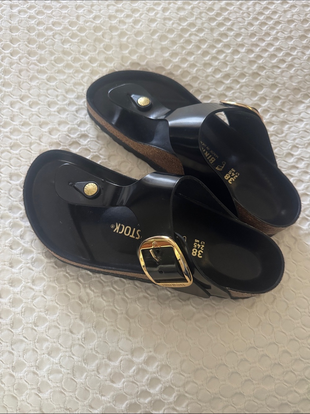 Birkenstock Black Gizeh Sandals with Gold Buckles - Picture 6 of 7